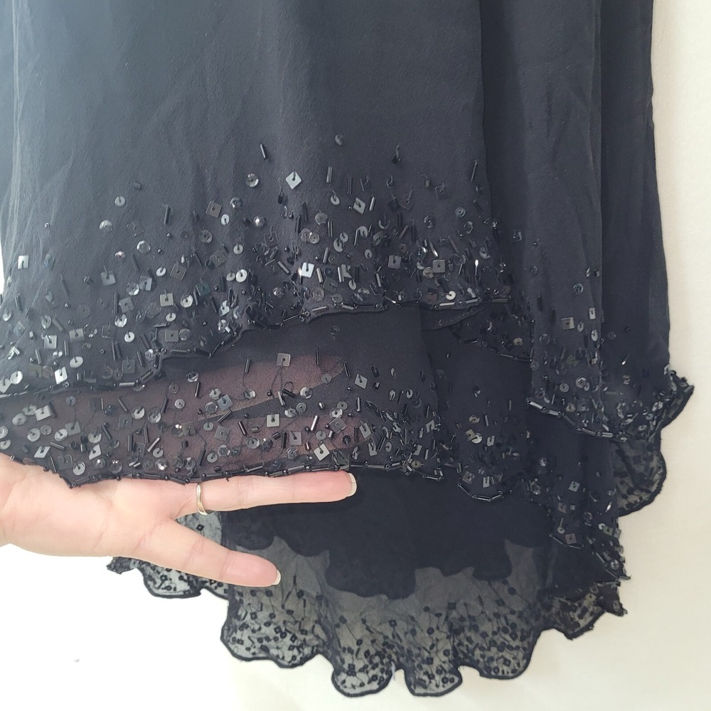 Maggy London Dress Womens 8 Black Beaded Ruffled Tiered V Neck Sleeveless Formal - Picture 3 of 14